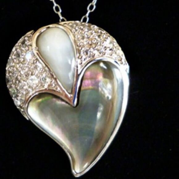 925 STERLING MOTHER OF PEARL PAVE SET CRYSTAL HEART SHAPED PENDANT NECKLACE  18" - Picture 2 of 7